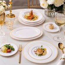 50/25/10Pcs 10.25" & 7.5" White Gold Double Rim Round Plates, Dinner Plates & Food Serving Trays, Unbreakable Lightweight Tableware Set For Catering Events Parties, Adults Kids Family, Gold Trim Dinnerware For Labor Day Autumn Celebrations - White - View 4