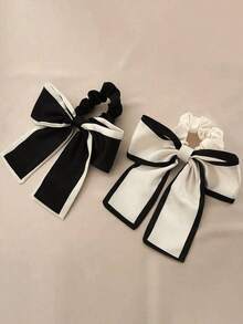 2pcs Women's Black & Beige Korean Style Satin Bow Hair Scrunchies, Suitable For Bun And Low Ponytail, Fresh Elegant Vintage Hair Accessories, Perfect For Daily Wear - Multicolor - View 3