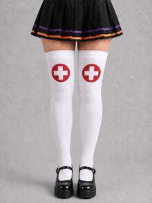 1/4 Pairs Women's Halloween Over The Knee Socks, Cross, Bat, Card Suit & Vampire Pattern Thigh High Socks For Costume, Party & Cosplay - Multicolor - View 5