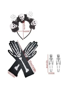 1 Set Halloween Ghost Bride Costume, Includes Skull Headpiece, Skeleton Gloves, Earrings, Halloween Decorations, Party Props And Photo Props - Multicolor - View 6