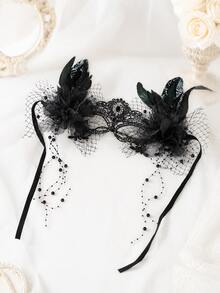 Women's Gothic Black Lace Masquerade Mask, Feather Flower Beaded Tassel Spider Web Rhinestone Mask, Halloween Cosplay Party Costume Accessory - Multicolor - View 6