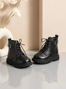 1 Pair Kids' Side Buckle Decor Boots With Lace-Up And Side Zipper Short Boots, Suitable For Campus Wear, Daily Outfits, Autumn/Winter - Black - View 7