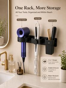 Multifunctional Bathroom Hair Dryer Holder, Suitable For Hair Dryer, Curling Iron, Straightener, Comb Rack, Bathroom Accessories And Hair Styling Storage Tools. Bathroom Wall-Mounted Adhesive Hair Dryer Rack With Storage Shelf. - Multicolor - View 5