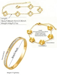 VceTd 1 Set Elegant Style Stainless Steel Women's Jewelry Set With Four-Leaf Clover Element, Suitable For Fashionable Wear - Yellow Gold - View 10