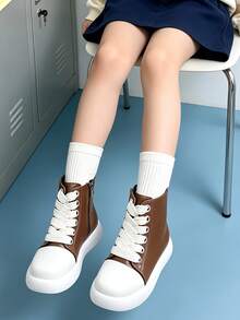 1 Pair Children's Minimalist Patchwork Round Toe High-Top Leather Boots With Unique Thick Shoelace Design, Suitable For Weekend Outings, Light Outdoor Styling, School And Commuting - Brown - View 5