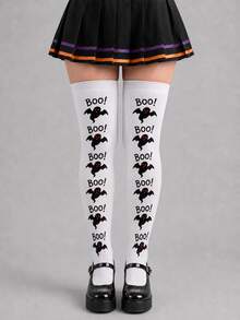 1/4 Pairs Women's Halloween Over The Knee Socks, Cross, Bat, Card Suit & Vampire Pattern Thigh High Socks For Costume, Party & Cosplay - Multicolor - View 2