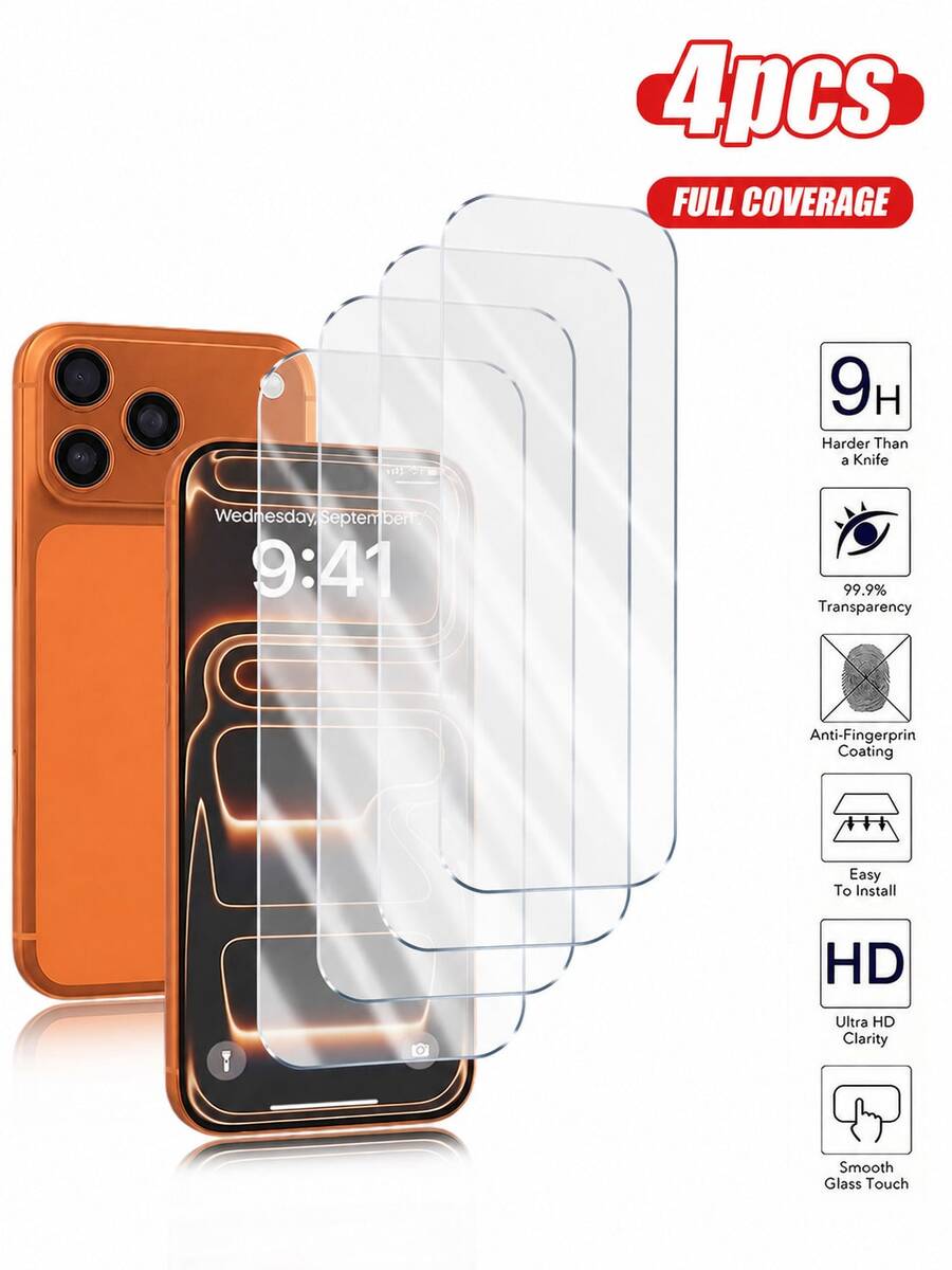 CASECOPS 4Pcs High Definition Transparent Tempered Glass Screen Protector, Anti-Scratch, Shock-Resistant, Oleophobic Coating, Smooth Touch, No Bubbles, Easy To Install, Compatible With Apple 18 Pro Max/18 Pro/18/17/17 Pro/17 Pro Max/, X/XR/11/12/13/14/15/16/16e/16 Plus/16 Pro/16 Pro Max Series All Models, Compatible Phone Case. - 4Pcs - View 1
