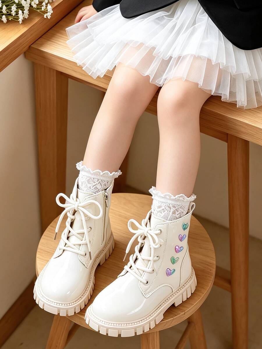 1 Pair Kids Sweet Cool Style Round Toe Lace-Up Work Boots With Heart & Colorful Ribbon Decor, Suitable For Birthday Parties, School Commute, Outings, Autumn/Winter - Beige - View 1
