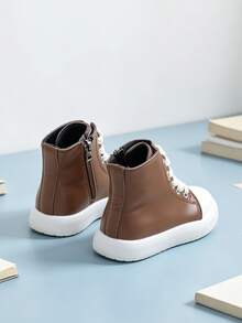 1 Pair Children's Minimalist Patchwork Round Toe High-Top Leather Boots With Unique Thick Shoelace Design, Suitable For Weekend Outings, Light Outdoor Styling, School And Commuting - Brown - View 8