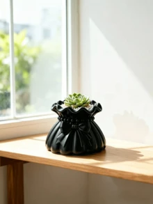 Pot Tanaman Sukulen Berbentuk Dompet dengan Pita Cetak 3D, Warna Hitam, Pot Bunga Saku dengan Tepi Bergelombang Kreatif, Vas Dekorasi Tanaman Hijau untuk Meja, Penyimpanan Meja - A - View 8