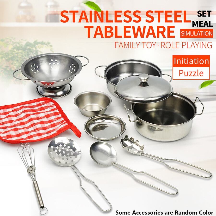 1 Set (11 buah) Mainan Dapur Mini Realistis dari Baja Tahan Karat, Peralatan Memasak untuk Bermain Peran Anak, Hadiah Permainan Peran Interaktif untuk Anak Laki-laki dan Perempuan, Mainan Memasak Edukatif, Set Peralatan Dapur - MultiWarna - View 1