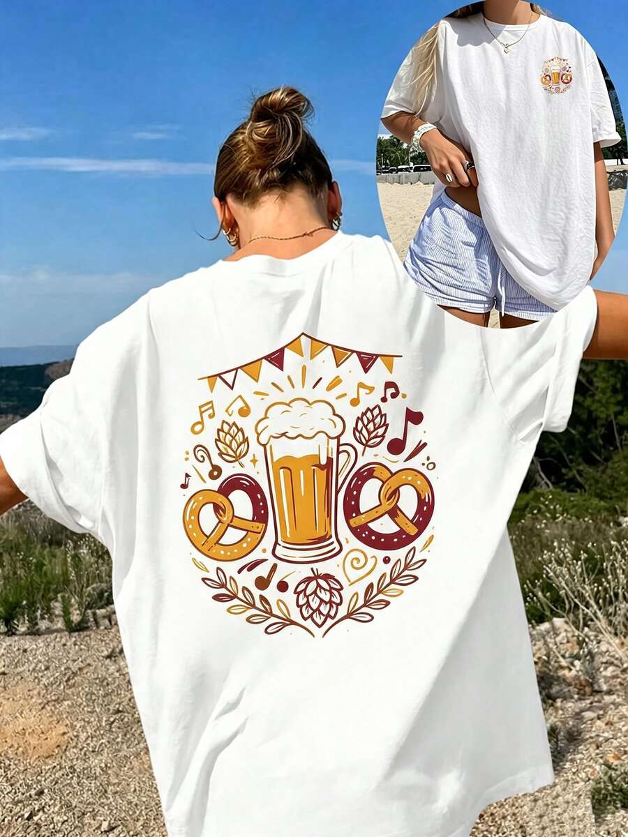 Casual Oversized Round Neck Drop-Shoulder T-Shirt By Mme Xia, Plus Size, Comfortable And Slightly Elastic. - 白1 - 查看 1