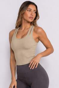 Never me Women's Sports Tank Top With Removable Padding, U-Neck Racerback, Slim Fit Running Fitness Sports Bra - Khaki - View 4