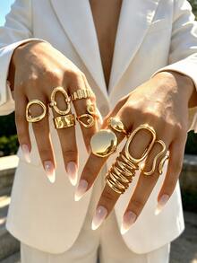 Juego de 10 anillos para dedo minimalistas exagerados de geometría irregular para mujer, lisos, sencillos y gruesos, accesorios de joyería asimétrica - Amarillo Oro - Ver 1