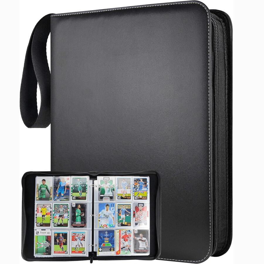 Carpeta premium de 9 bolsillos, álbum de coleccionista de 900 bolsillos para tarjetas de colección, con cremallera y 50 fundas extraíbles, compatible con tarjetas de juegos y deportes - Negro - Ver 1