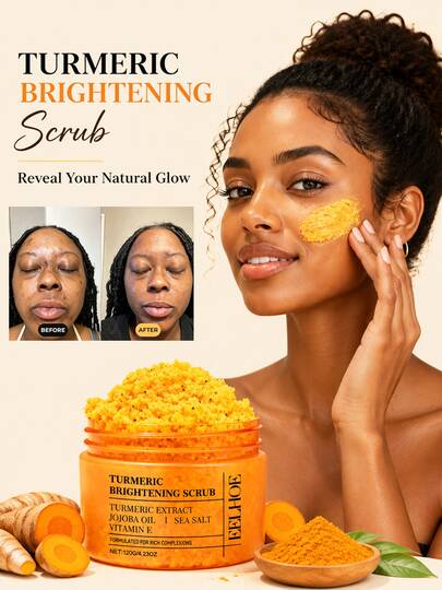 EELHOE Turmeric Brightening Scrub For Dark Spots - Turmeric Body Scrub, Botanical Skin Cleanser For Dullness & Uneven Tone, Gentle Exfoliating Scrub For Smooth & Glowing Skin Texture, 4.23 Oz