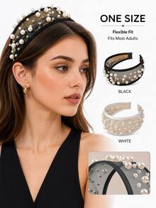 Korean Style Wide Mesh Headband With Pearl & Rhinestone Embellishments, Heavy Craftsmanship, Fashionable Elegant Versatile Hair Accessory For Women - Multicolor - View 1