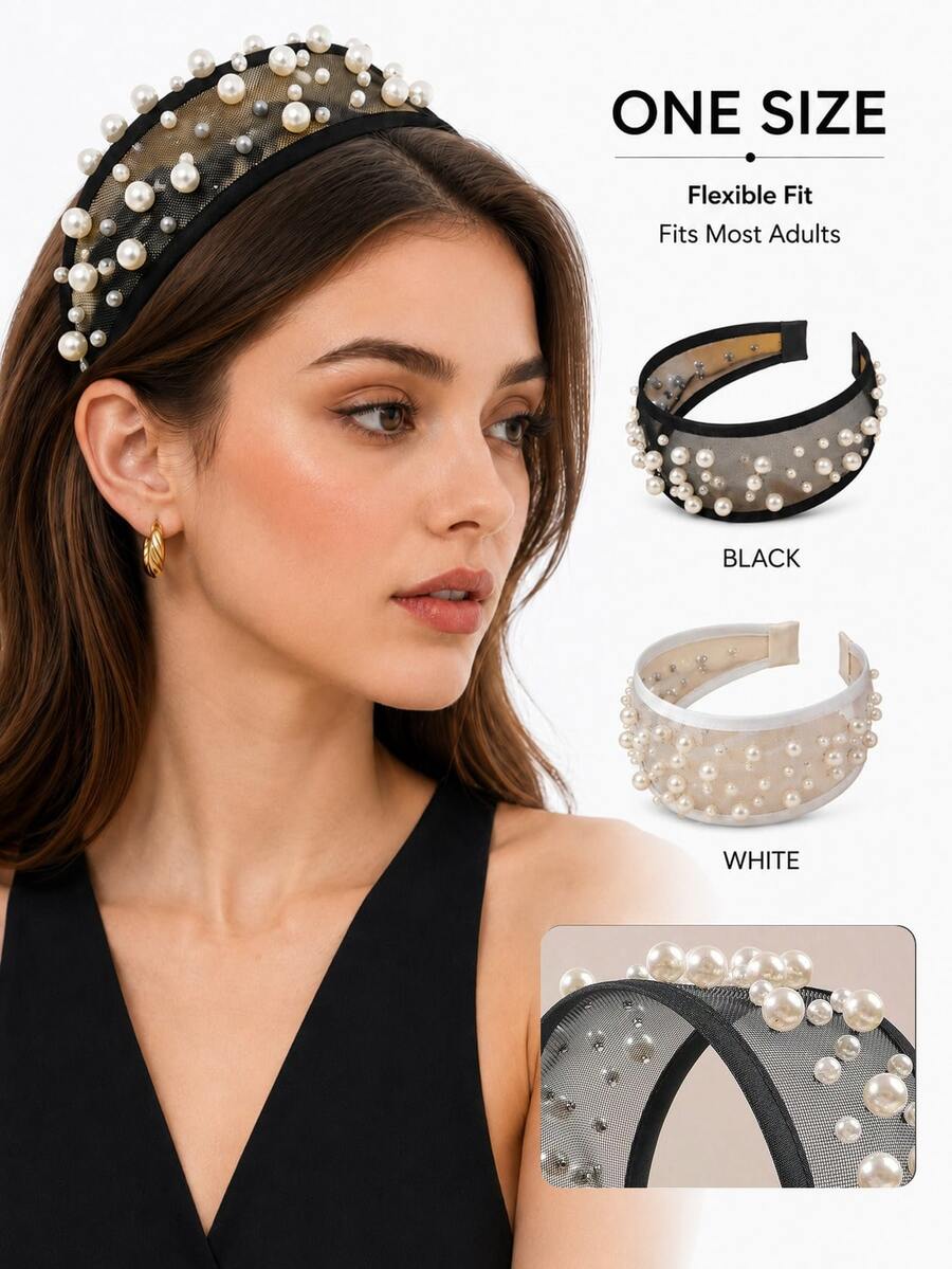 Korean Style Wide Mesh Headband With Pearl & Rhinestone Embellishments, Heavy Craftsmanship, Fashionable Elegant Versatile Hair Accessory For Women - Multicolor - View 1
