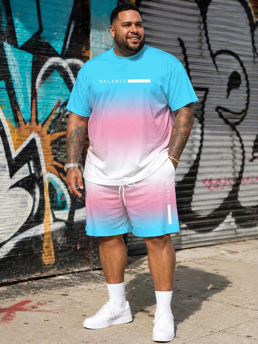 Men's Casual Sports Set With "Sunset Gradient Design And BLANCE Letter" Pattern - Made Of Polyester Knit Fabric, Round Neck Design, Drawstring Shorts, Pocket Details, Regular Fit, Suitable For Plus Size - Royal Blue - View 1