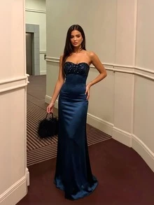 Vestido de invitada de boda para mujer, vestido de graduación, vestido de noche, vestido de verano, estilo básico, elegante, fiesta, romántico, con adornos pesados, invitada de boda de otoño - Azul Marino - Ver 4
