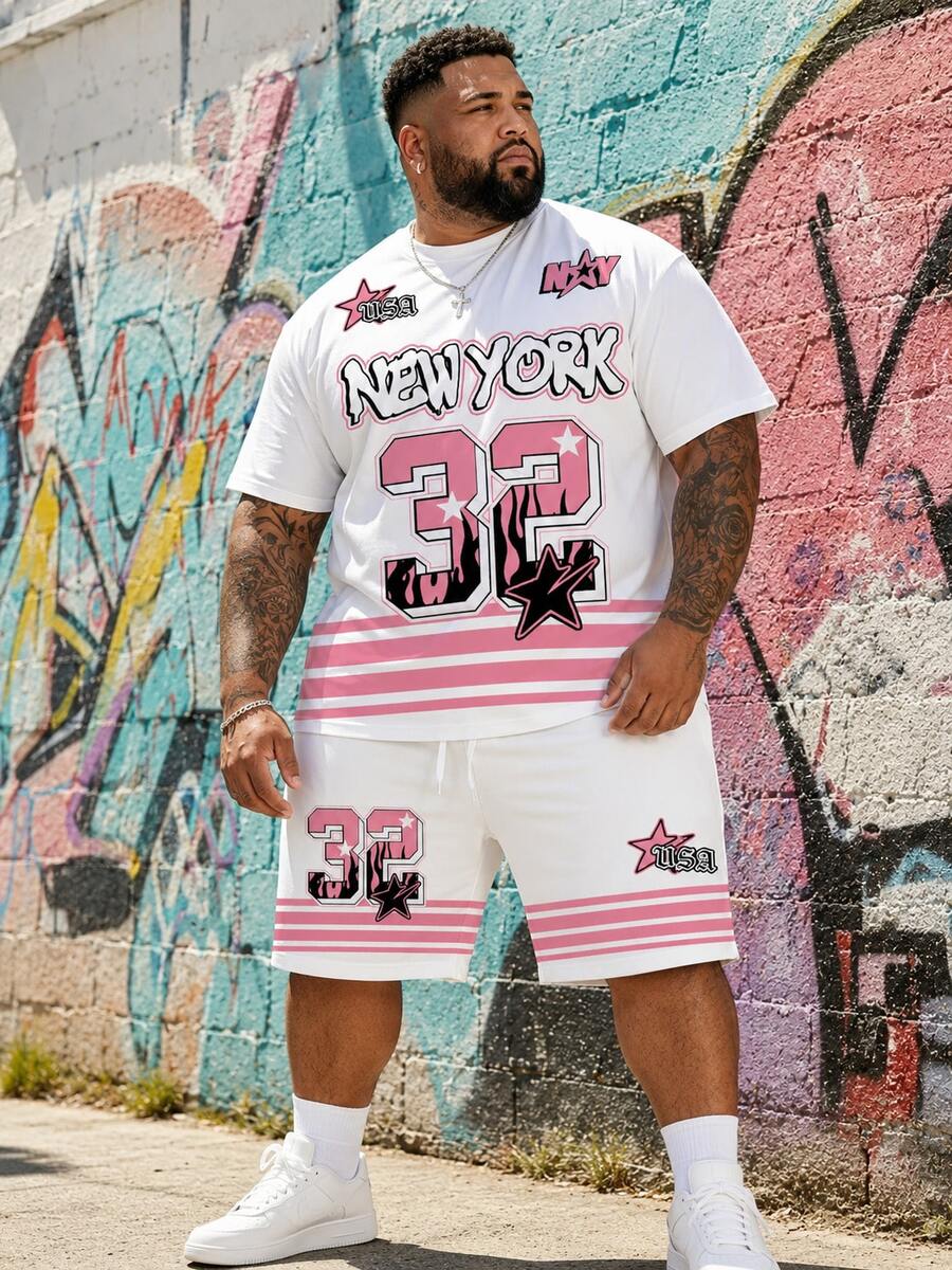 Plus Size Men's Casual Sports Set "NEW YORK Pink Series 32 Print" Design - Polyester Knit Fabric, Round Neck, Drawstring Shorts, Pocket Details, Regular Fit, Suitable For Plus Size - White - View 1