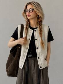 Women's Autumn/Winter Minimalist Casual Diamond Textured Knit Cardigan Vest Top Fall - Beige - View 1