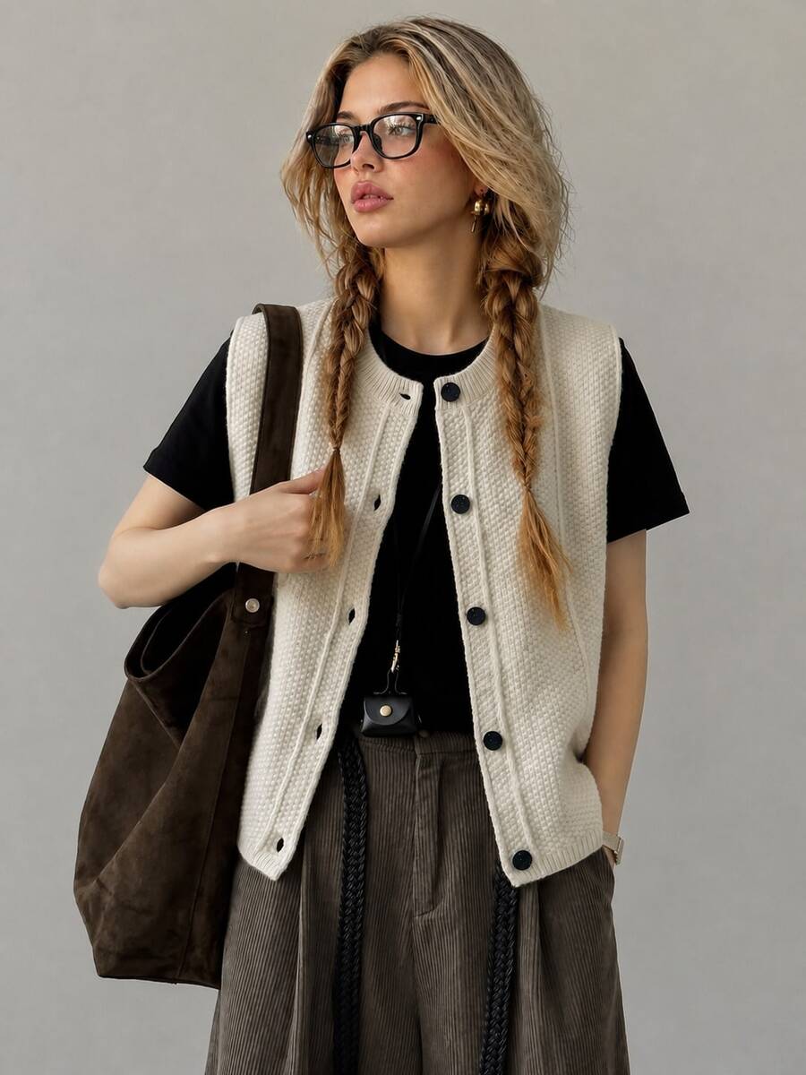 Women's Autumn/Winter Minimalist Casual Diamond Textured Knit Cardigan Vest Top Fall - Beige - View 1