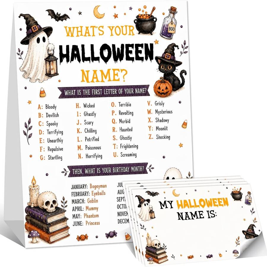Halloween Name Game, What's Your Halloween Name?, Family Fall Party Activities, Baby Baptism, Halloween Trick-Or-Treat Party, 1 Sign With 30 Stickers - View 1
