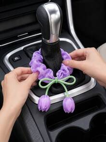 1pc Pink & White Tulip Car Gear Shift Decor, Women's Car Interior Decoration Accessory - A - View 8