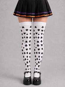 1/4 Pairs Women's Halloween Over The Knee Socks, Cross, Bat, Card Suit & Vampire Pattern Thigh High Socks For Costume, Party & Cosplay - Multicolor - View 4