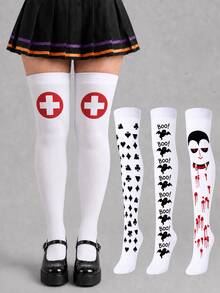 1/4 Pairs Women's Halloween Over The Knee Socks, Cross, Bat, Card Suit & Vampire Pattern Thigh High Socks For Costume, Party & Cosplay - Multicolor - View 11