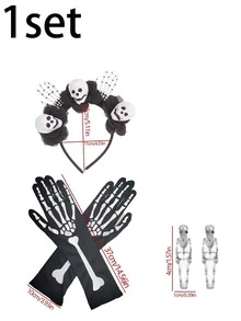 1 Set Halloween Ghost Bride Costume, Includes Skull Headpiece, Skeleton Gloves, Earrings, Halloween Decorations, Party Props And Photo Props - Multicolor - View 7