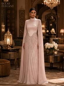 Women's Blush Pink High Neck Rhinestone-Trim Ruched Pleated Cape Sleeve Maxi Evening Gown, Elegant Modest Formal Dress For Wedding Guest - Dusty Pink - View 15