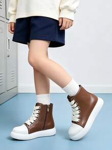 1 Pair Children's Minimalist Patchwork Round Toe High-Top Leather Boots With Unique Thick Shoelace Design, Suitable For Weekend Outings, Light Outdoor Styling, School And Commuting - Brown - View 3