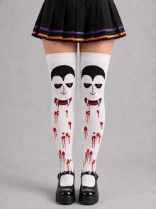 1/4 Pairs Women's Halloween Over The Knee Socks, Cross, Bat, Card Suit & Vampire Pattern Thigh High Socks For Costume, Party & Cosplay - Multicolor - View 3