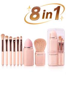 Set Kuas Makeup Portabel 8-in-1 - Kuas Alas Bedak Mini Profesional yang Dapat Ditarik, Kuas Blending, Kuas Bedak, dan Kuas Eyeshadow - Bulu Nilon, Gagang ABS, Set Kuas Makeup, Set Kuas Makeup, Set Kuas Makeup, Set Lengkap Alat Makeup, - Baby Pink - View 7