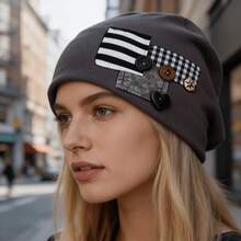 1pc Women's Vintage Patchwork Plaid & Striped Applique Loose Knit Hat, Button Decor, Soft Elastic Loose Fit Headscarf, Rock/Street/Fashion/Casual Hat - Multicolor - View 2