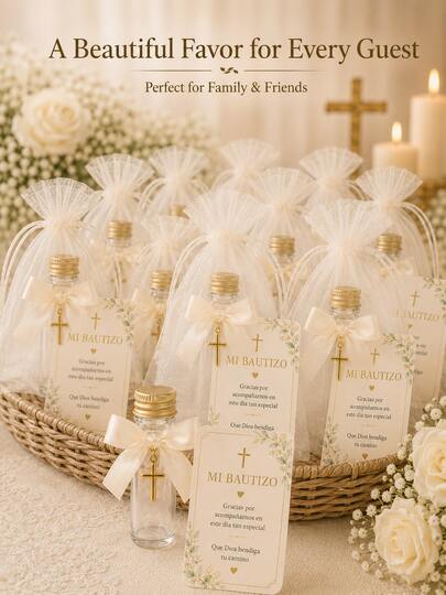 Baby Baptism Guest Favor Set, Baptism Christening Party Decoration, Transparent Gift Bottle + Cream White Bow + Gold Cross Pendant + Spanish Thank You Card + White Gauze Bag, Baby Baptism Commemorative Gift, Church Celebration Guest Favor, Latin American Family Religious Party Favor, Suitable For Boy And Girl Baptism, Family Gathering, Friends And Family Thank You Gift