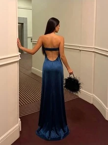 Vestido de invitada de boda para mujer, vestido de graduación, vestido de noche, vestido de verano, estilo básico, elegante, fiesta, romántico, con adornos pesados, invitada de boda de otoño - Azul Marino - Ver 2