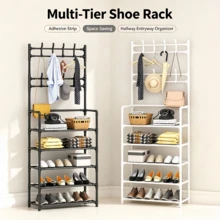Metal Shoe Rack With Coat & Hat Hooks, 4/5 Tier Multi-Functional Entryway Shoe Storage Organizer, Space-Saving Bedroom Front Door Hallway Shoe Rack, Black And White Available - Multicolor - View 1