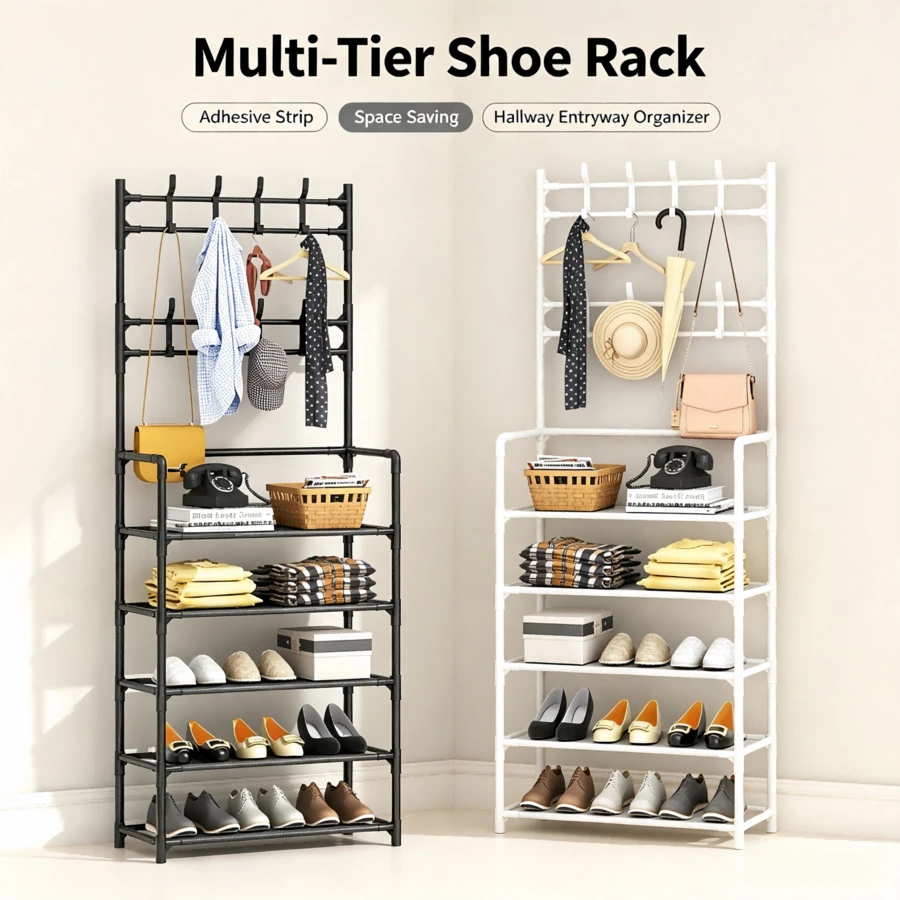 Metal Shoe Rack With Coat & Hat Hooks, 4/5 Tier Multi-Functional Entryway Shoe Storage Organizer, Space-Saving Bedroom Front Door Hallway Shoe Rack, Black And White Available - Multicolor - View 1