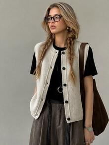 Women's Autumn/Winter Minimalist Casual Diamond Textured Knit Cardigan Vest Top Fall - Beige - View 3