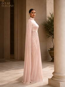 Women's Blush Pink High Neck Rhinestone-Trim Ruched Pleated Cape Sleeve Maxi Evening Gown, Elegant Modest Formal Dress For Wedding Guest - Dusty Pink - View 4