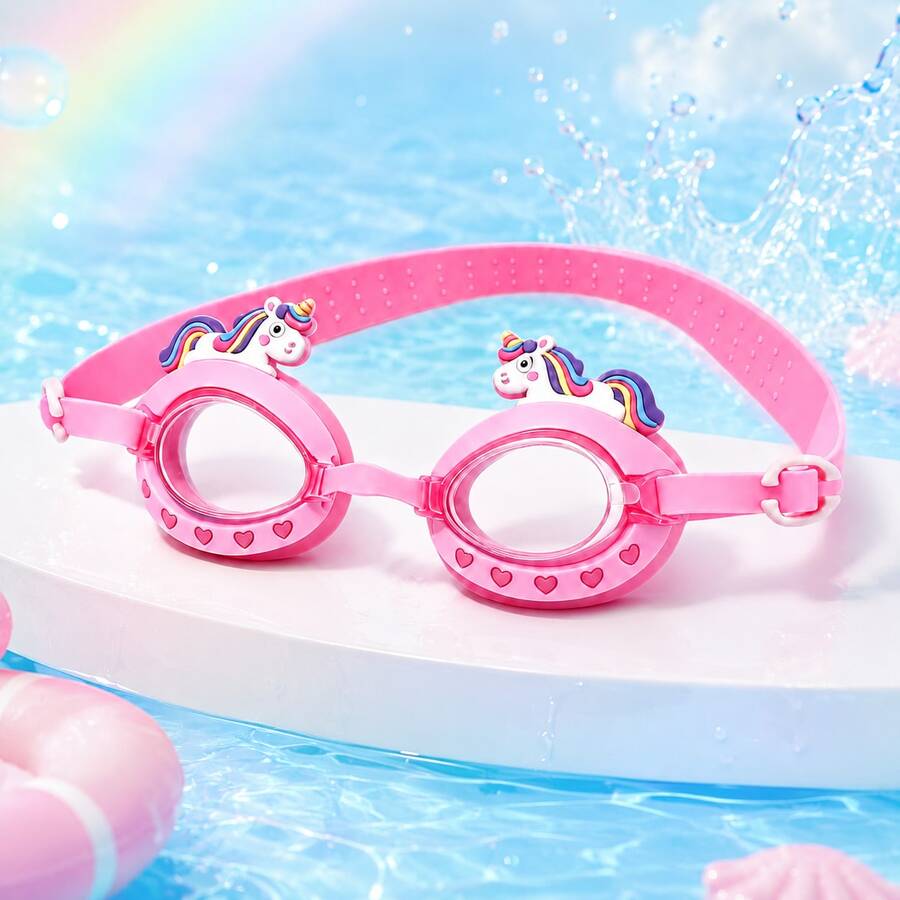 Children's Unicorn Swimming Goggles, Girls' Cartoon Swim Goggles With Adjustable Strap, High-Definition Transparent Lens, Pool Beach Water Play Training Equipment - Baby Pink - View 1