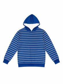 1pc Tween Boys Royal Blue & White Thin Striped Patchwork Hooded Sweatshirt, Minimalist Solid Color Brim Loose Fit Unisex Kids Spring Autumn Basic Casual Sweatshirt - Blue - View 5