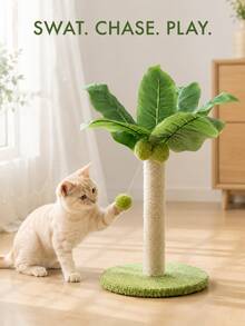Sisal Cat Scratching Post For Indoor Cats, Cute Coconut Tree-Shaped Vertical Cat Scratcher With Hanging Plush Ball Toy & Stable Round Base, Interactive Cat Toy For Claw Care, Exercise And Furniture Protection, 1PC - Green - View 5