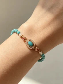 1pc Elegant Metal Beaded Bracelet With Pearl And Floral Pendant, Turquoise Accents, Versatile Daily Jewelry Gift For Women - Beaded Bracelet - View 3