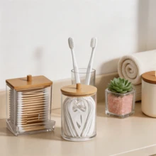 1/2pcs Makeup Storage Box Set, Bathroom Cosmetic Organizer, Cosmetic Storage Jar With Bamboo Lid Dispenser Bottle - Multicolor - View 4