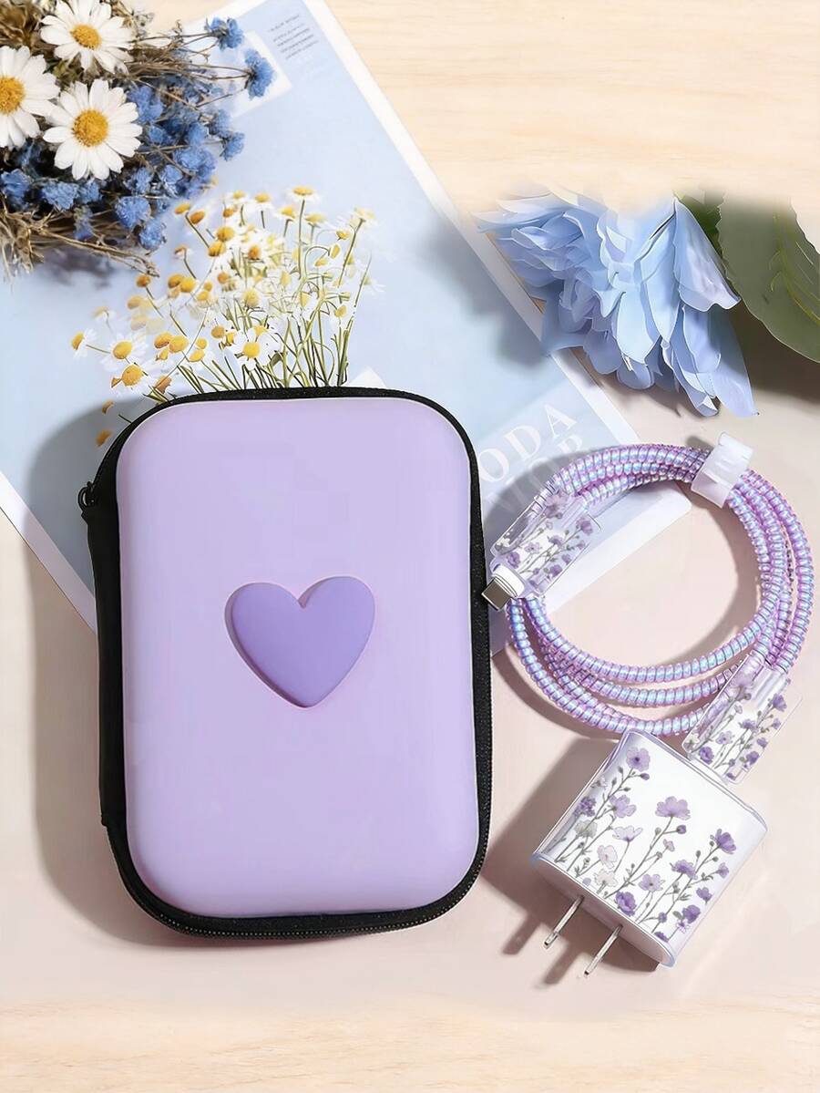 1 Set Elegant Purple Ditsy Floral Knot Data Cable Protector, Ins Gentle Girl Style Data Cable Protector, Anti-Breakage Anti-Scratch Full Coverage Protection, Compatible With Apple 18W-20W Fast Charging, Holiday Small Gift, Cute Korean Style For Girlfriend And Best Friend - 6-piece Set Light Purple Floral - View 1
