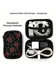 Black Leopard Print EVA Hard Shell 4.3 Inch Compact Storage Box - Travel Protective Storage Bag, Suitable For Electronic Accessories, Earphones, Hard Drives And Data Cables; Anti-Drop Zipper Bag (Storage Box Only) - Multicolor - View 3
